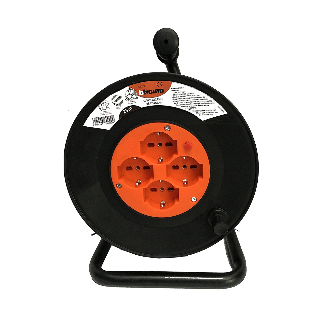 Avvolgicavo 25 mt 4 prese schuko 10/16a nero e arancio