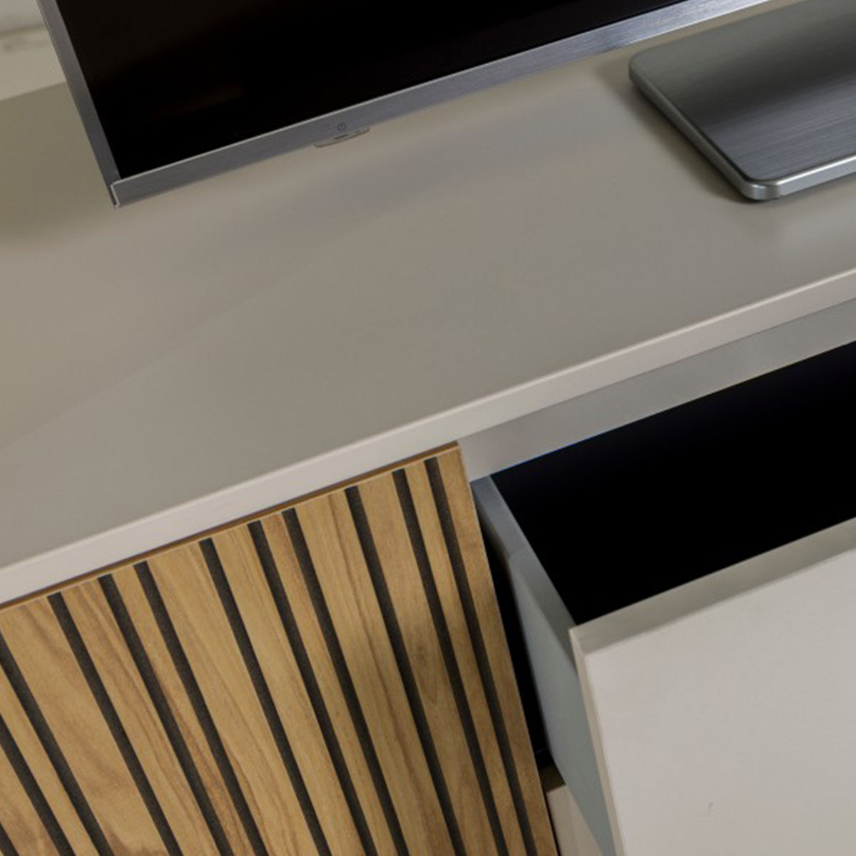 Mobile porta tv 183x64h cm cashmere/rovere cannettato con 1 anta e 2 cassetti