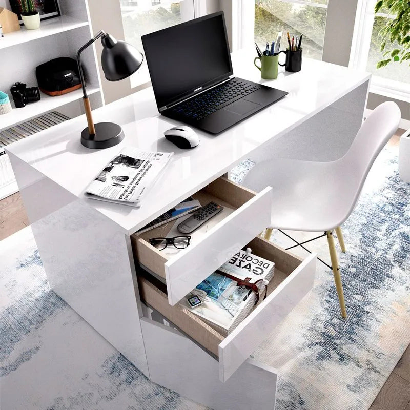 Scrivania bianca 140 cm finitura lucida con 2 cassetti e un'antina