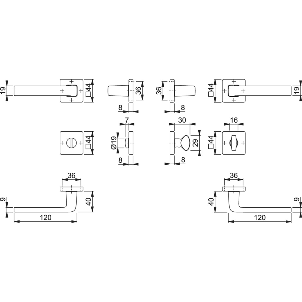 Maniglia Hoppe Dublin rosetta e bocchetta quadre 44x44 mm cromo satinato con nottolino