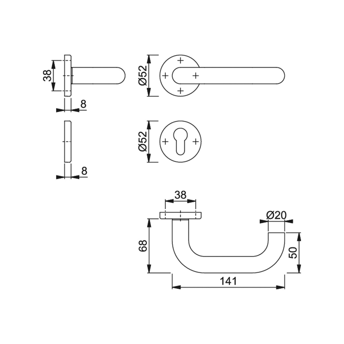 Maniglia Hoppe Paris rosetta e bocchetta tonde d. 52 mm foro cilindro acciaio inox satinato
