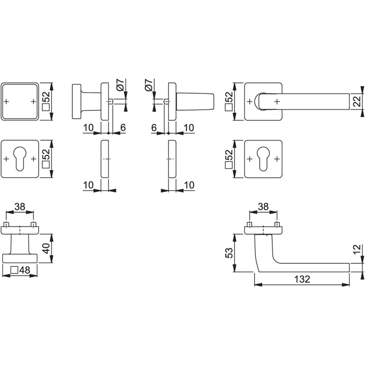 Maniglia e pomolo Hoppe Dallas rosetta e bocchetta quadre 52x52 mm foro cilindro argento