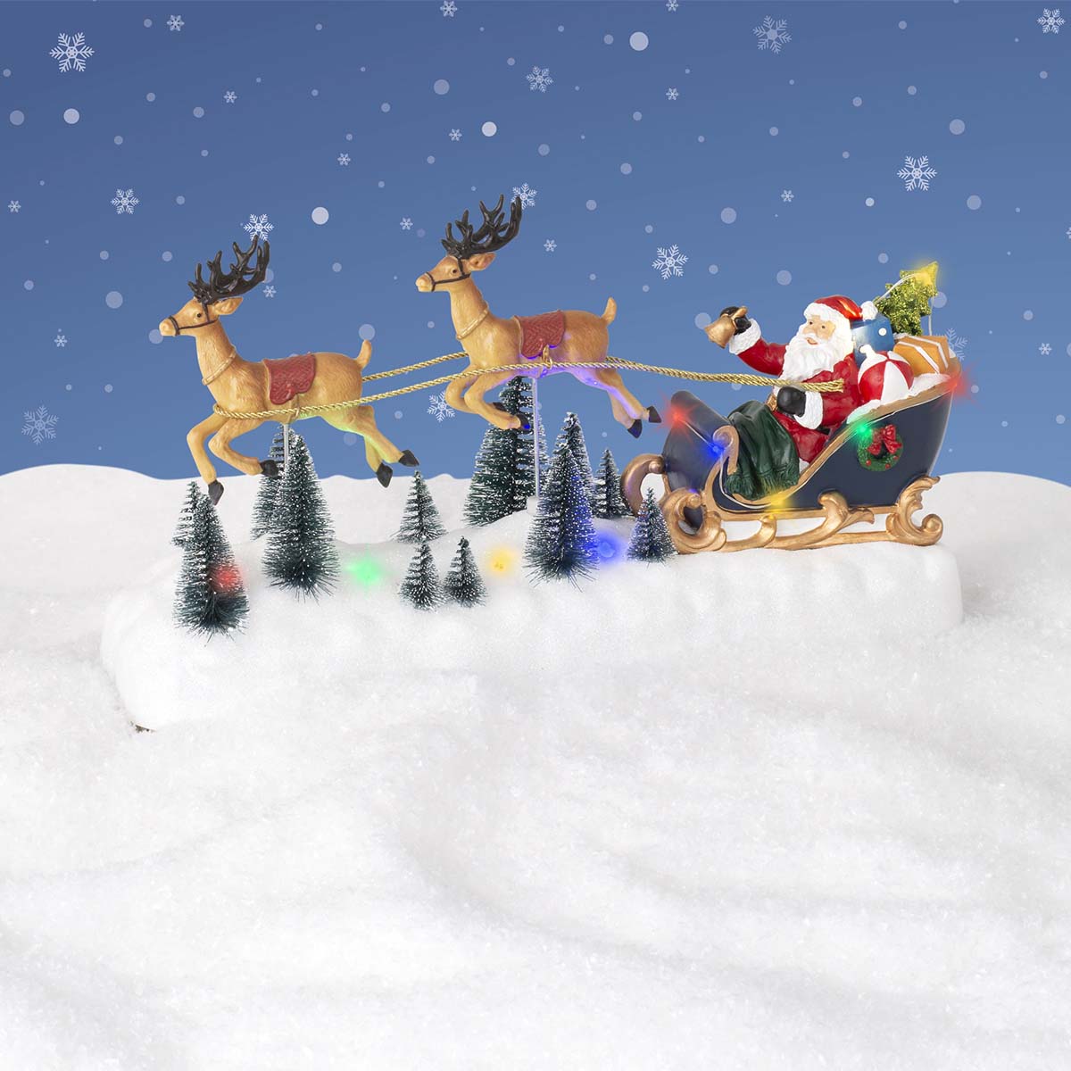 Babbo Natale con slitta e due renne luminose a LED