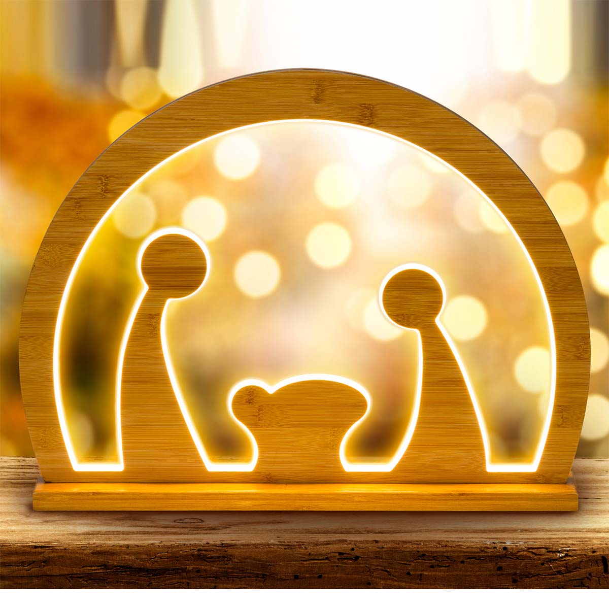 Natività decoro natalizio in legno naturale con led a luce calda Lotti 58729