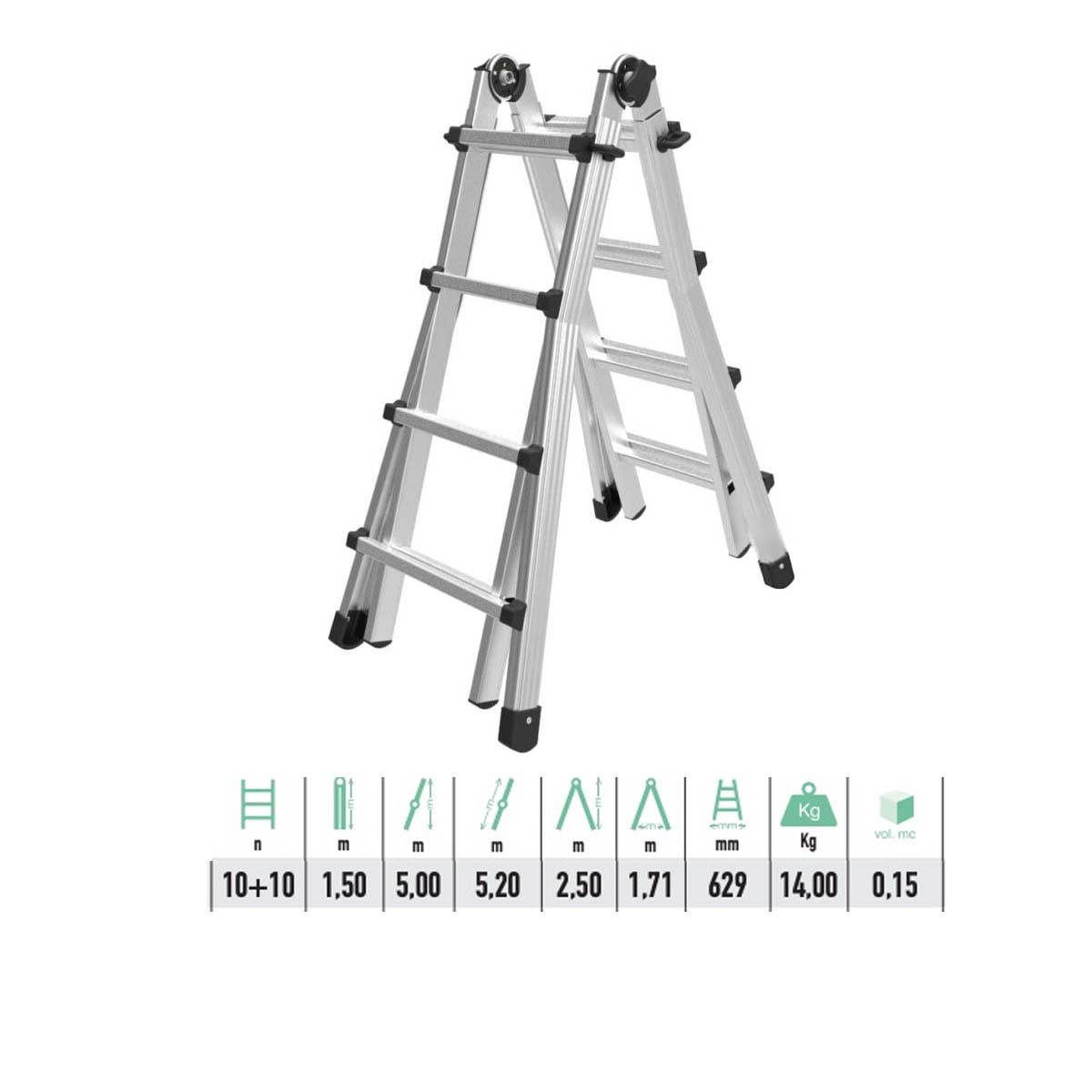 Scala telescopica Black in alluminio 5 più 5 gradini altezza massima 5,2 mt
