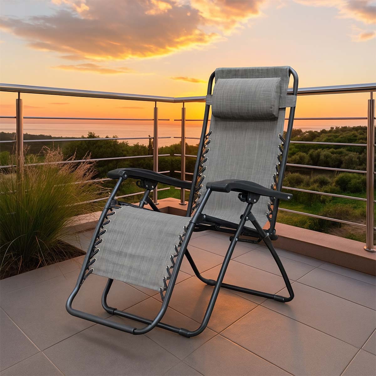 Sdraio da esterno grigia in acciaio reclinabile