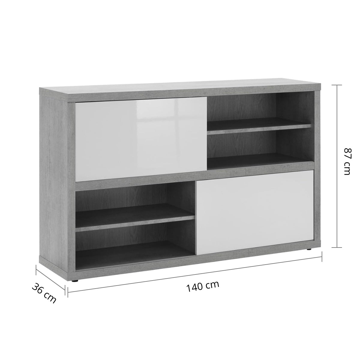 Mobile multiuso 140x87h cm bianco e cemento con 2 ante e 2 vani