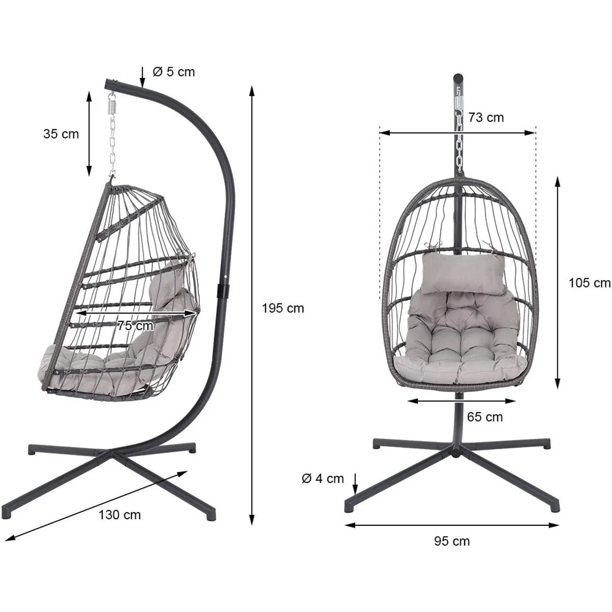 Poltrona uovo sospesa da giardino in metallo e corda colore grigio con cuscino