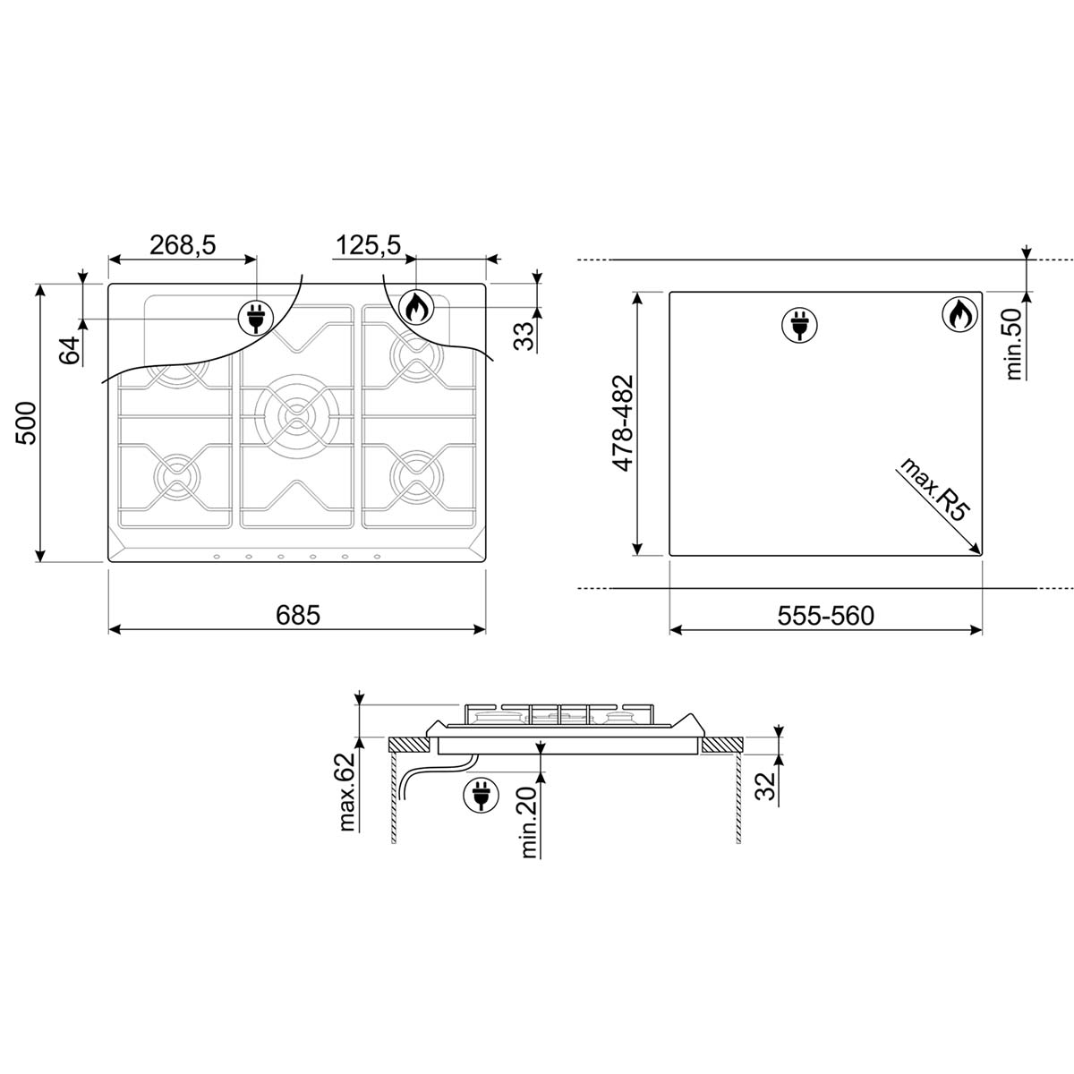 Piano cottura a gas 5 fuochi 70 cm Smeg SRV575GH5