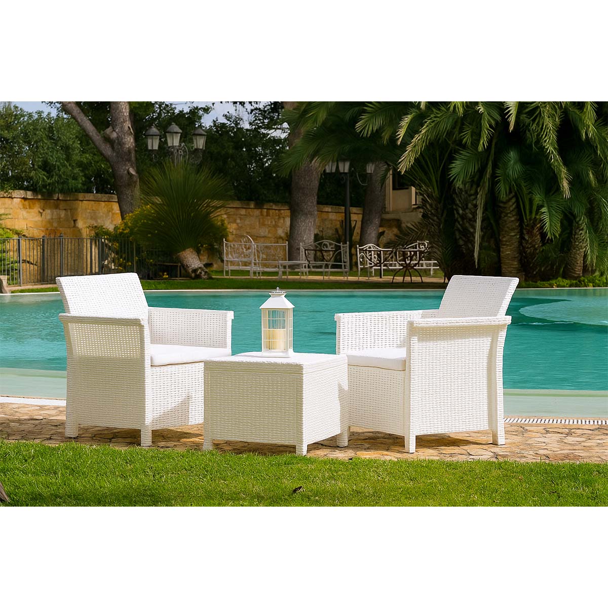 Salotto da giardino in resina effetto rattan 2 posti con tavolino ‘Dolcefarniente’ set 3 pz