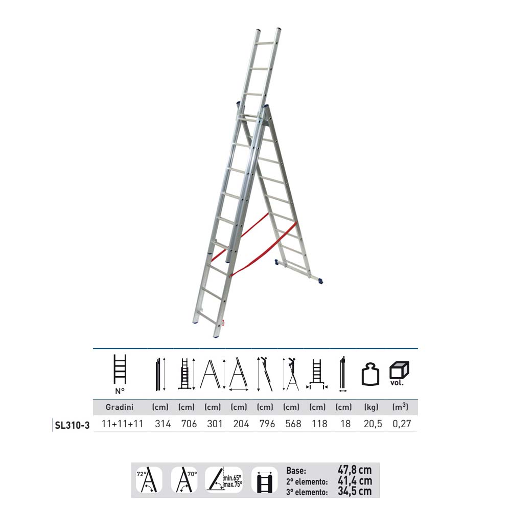 Scala alluminio 3 rampe 11+11+11 gradini h. 706 cm Facal stilo SL310-3