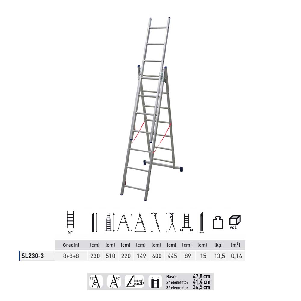Scala alluminio 3 rampe 8+8+8 gradini h. 510 cm Facal stilo SL230-3