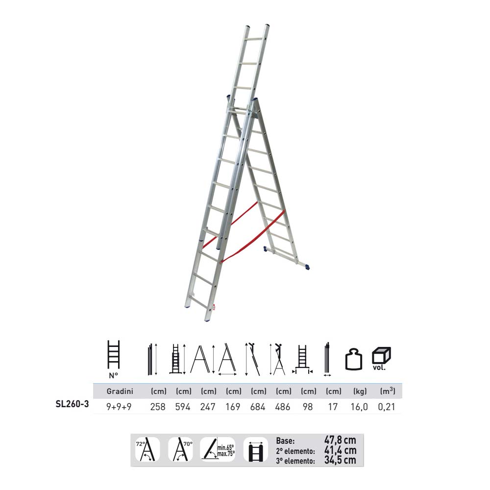 Scala alluminio 3 rampe 9+9+9 gradini h. 594 cm Facal stilo SL260-3