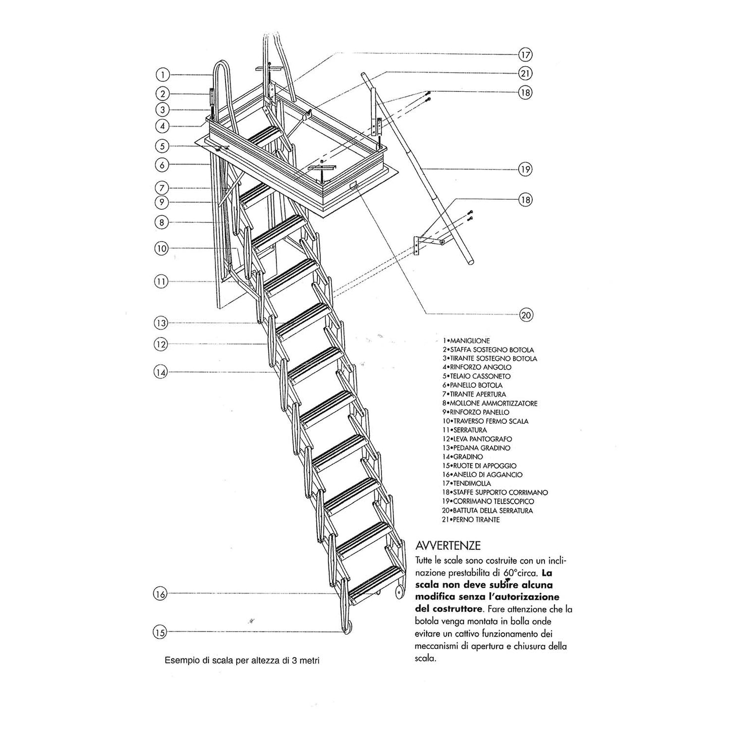 Scala retrattile in acciaio 300 cm con botola a soffitto 70x90 cm corrimano