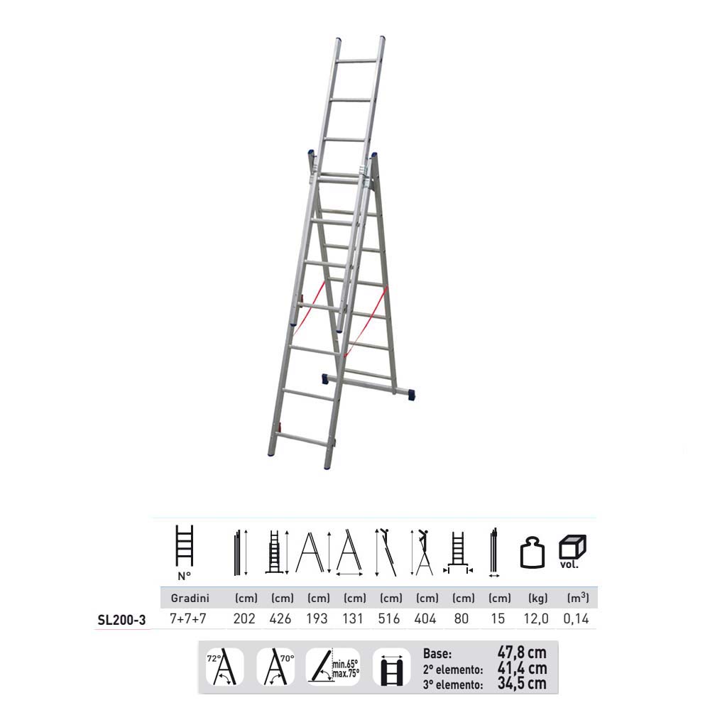 Scala alluminio 3 rampe 7+7+7 gradini h. 426 cm Facal stilo SL200-3