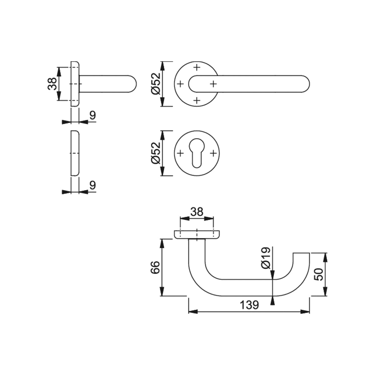 Maniglia Hoppe Baden rosetta e bocchetta tonde d. 52 mm foro cilindro acciaio inox satinato