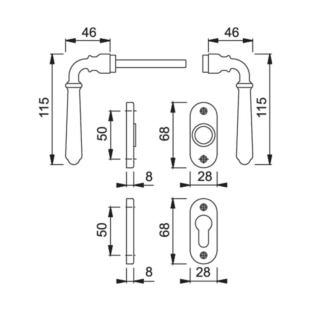 Maniglia Hoppe Elba rosetta e bocchetta ovali 28x68 mm foro cilindro