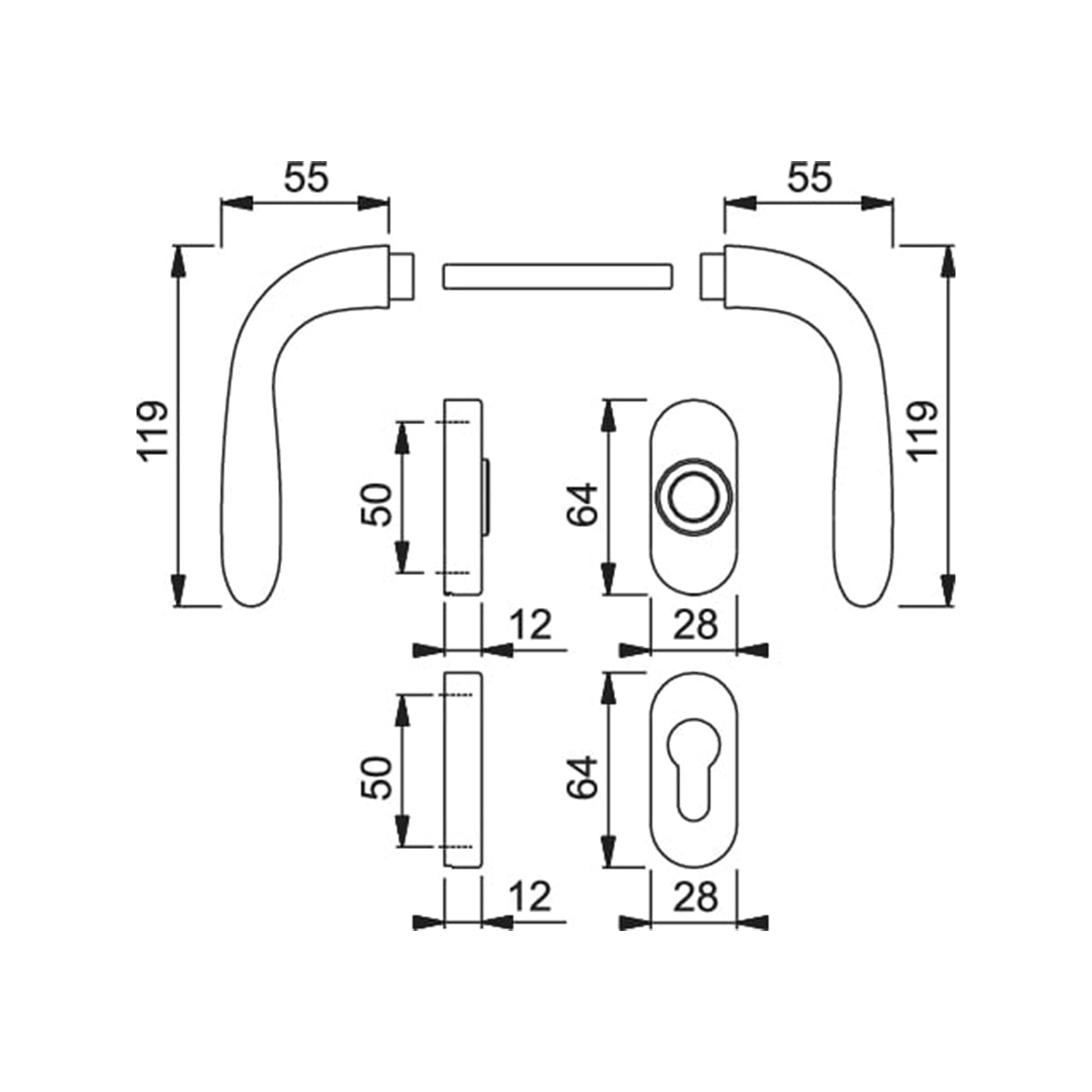 Maniglia Hoppe Santiago rosetta e bocchetta ovali 28x64 mm foro cilindro