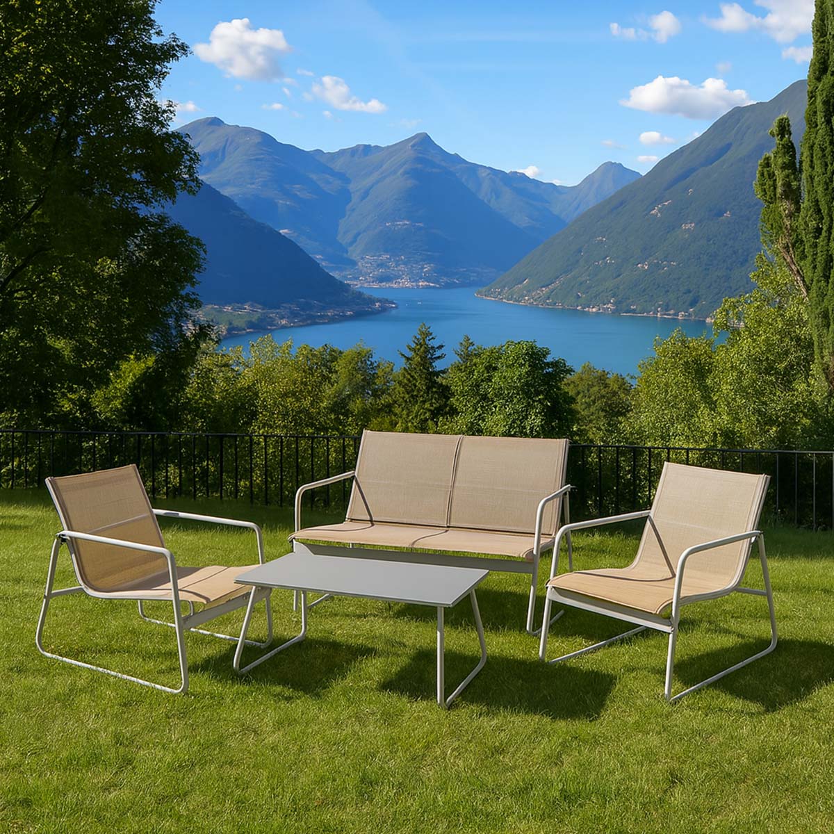 Set da giardino metallo due poltrone divano con tavolino tortora Tropea
