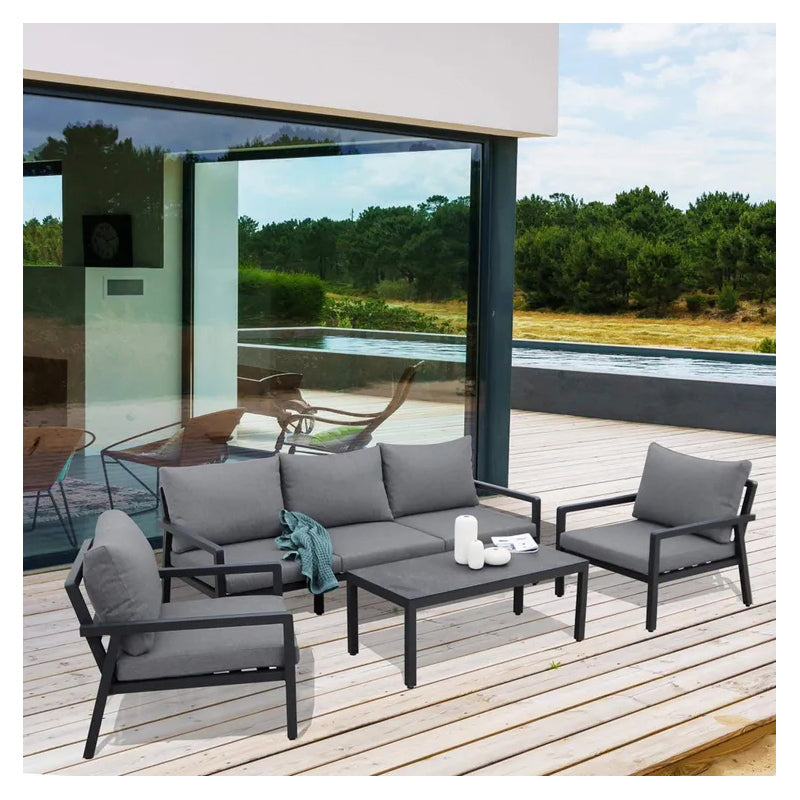 Set da giardino 4 pezzi in alluminio nero con cuscini Arenal