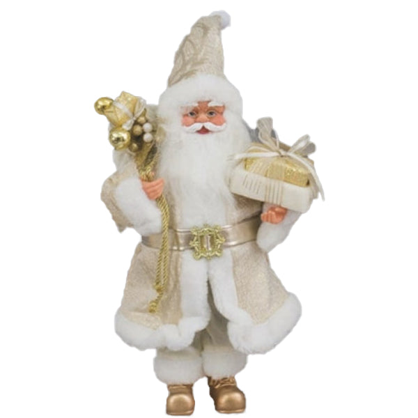 Babbo Natale fisso 40 cm con vestito bianco e oro e sacco con doni