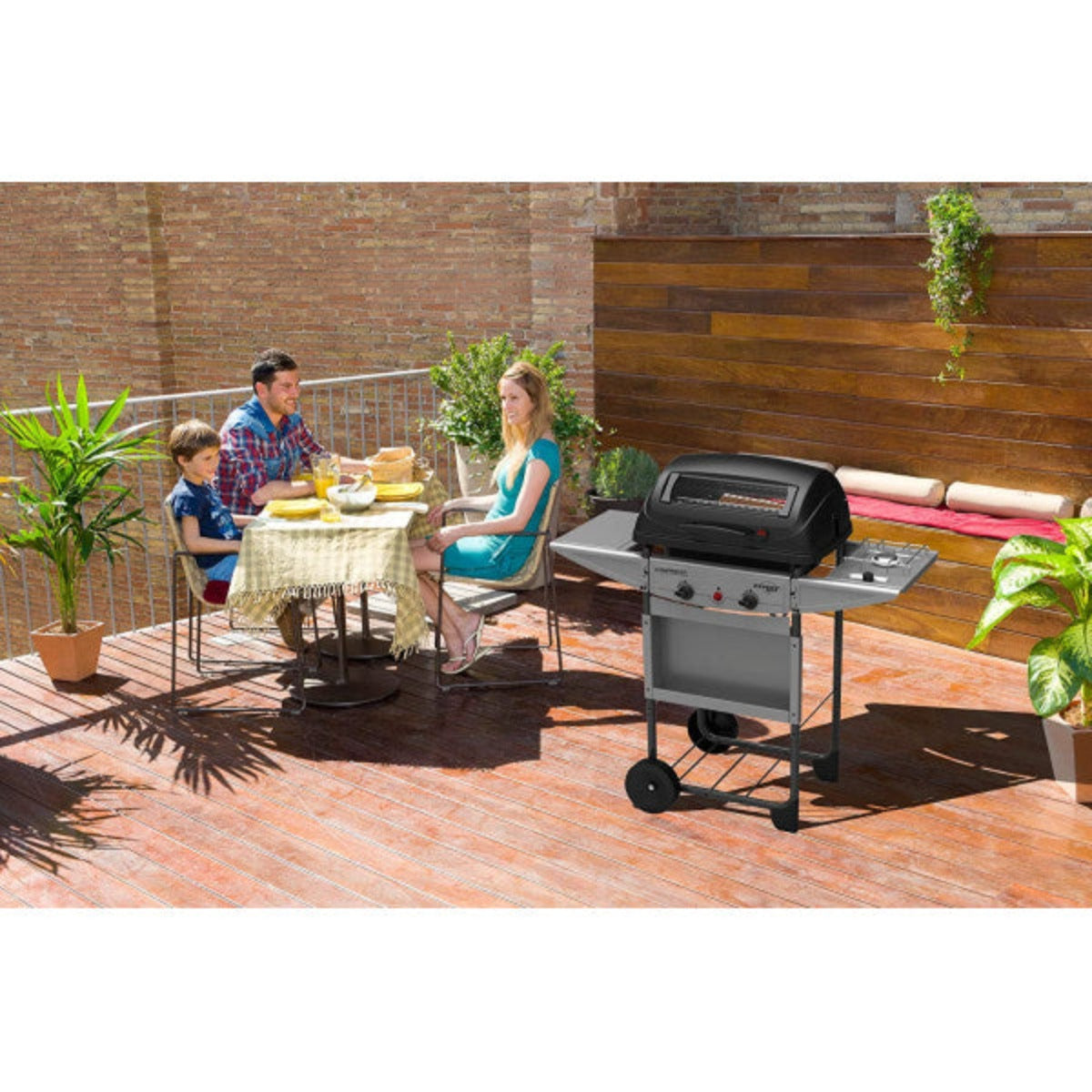 Campingaz barbecue a gas a pietra lavica con ruote e fornello laterale