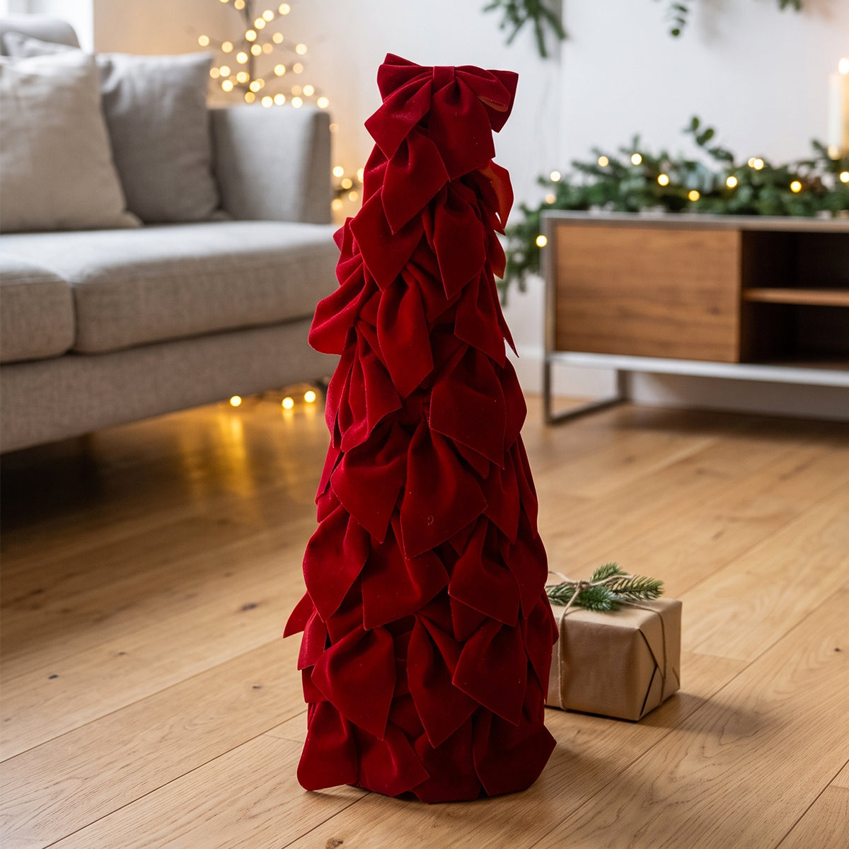 Albero di Natale a cono in velluto bordeaux a fiocchi H 51cm