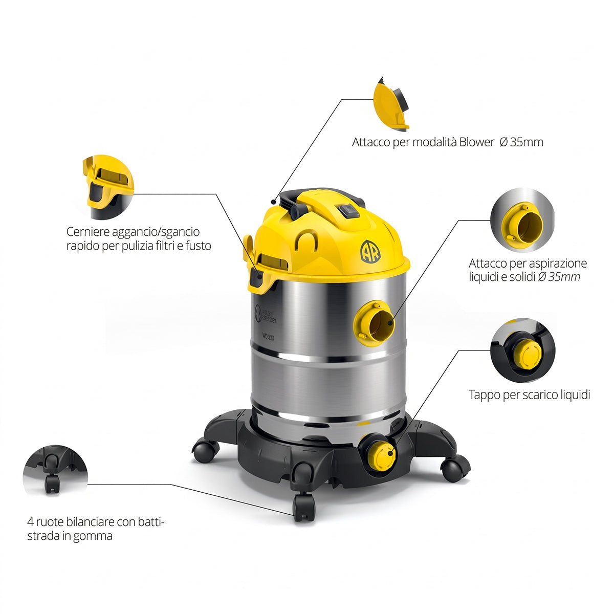 Aspirapolvere aspiraliquidi in acciaio inox 30L 1600W Annovi Reverberi WD30X