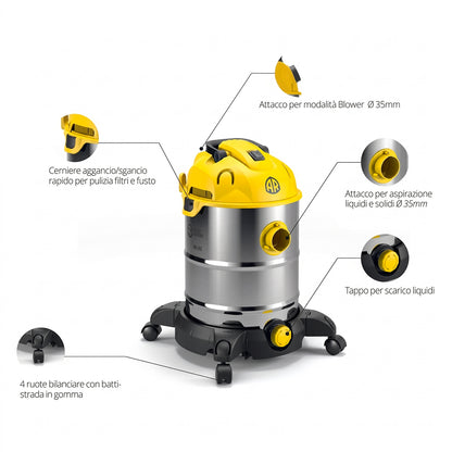 Aspirapolvere aspiraliquidi in acciaio inox 30L 1600W Annovi Reverberi WD30X