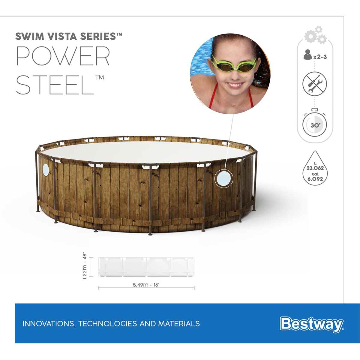Bestway 56977 Piscina fuori terra Power Steel Swim Vista rotonda con oblò 549x122 cm