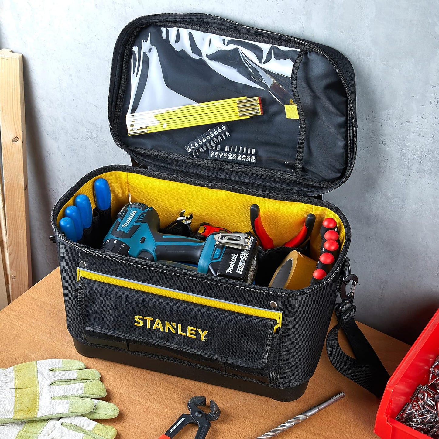 Bauletto porta attrezzi multiuso stanley 16" con base rigida e tracolla 1-96-193