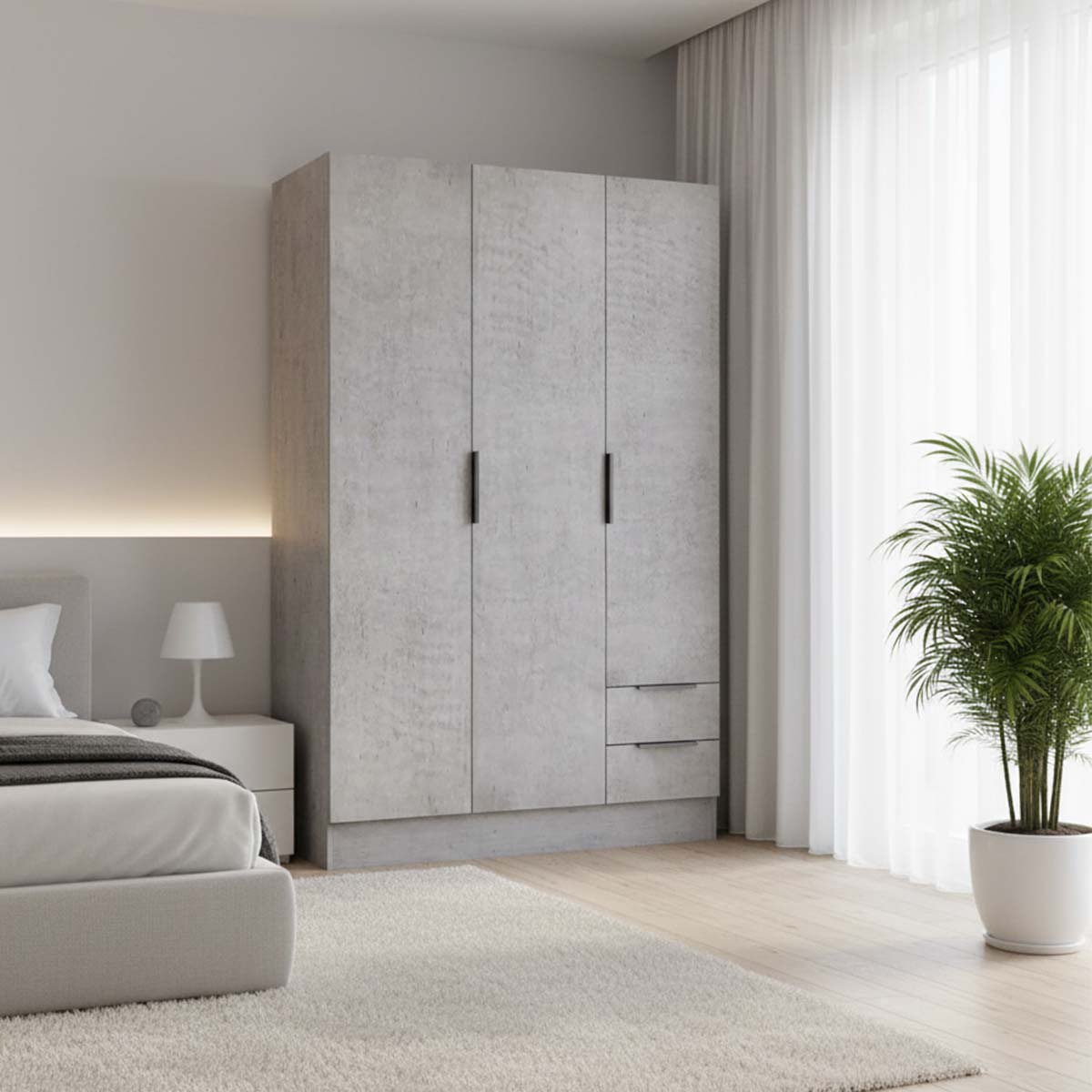 Armadio 120x184h cm grigio cemento con 3 ante e 2 cassetti