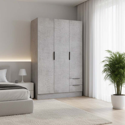 Armadio 120x184h cm grigio cemento con 3 ante e 2 cassetti