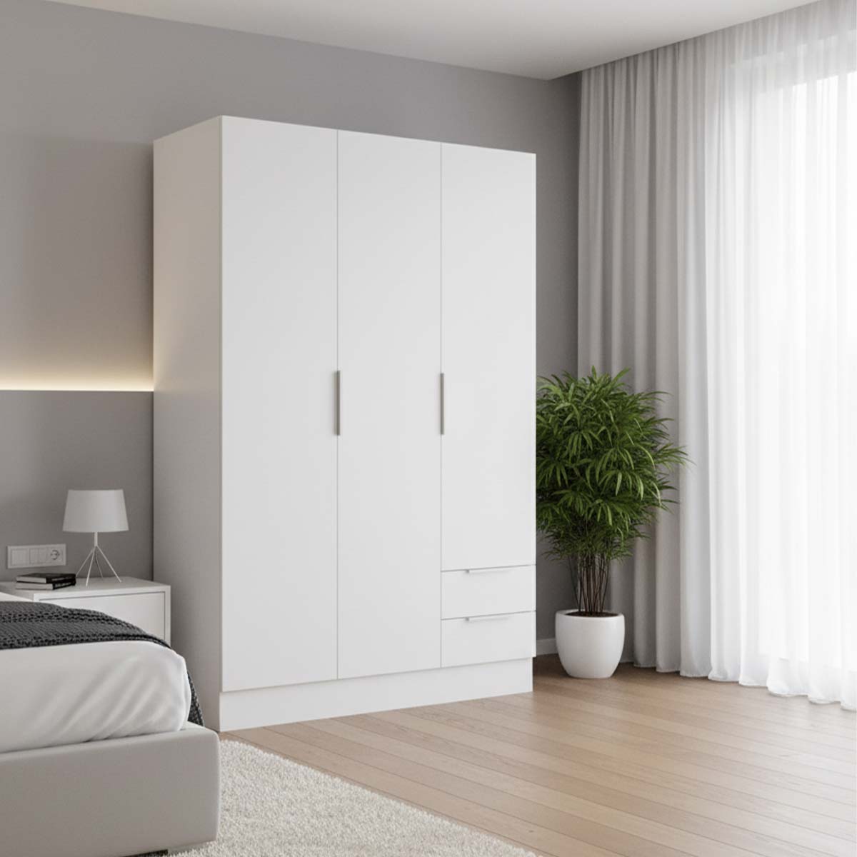 Armadio 120x184h cm bianco con 3 ante e 2 cassetti