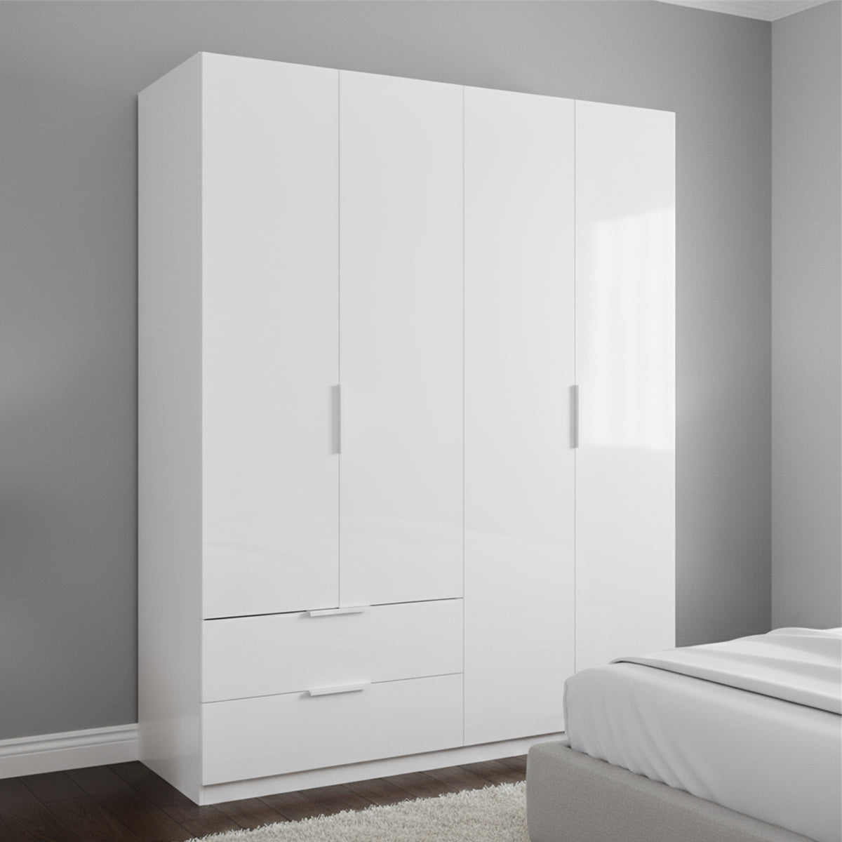 Armadio 162x200h cm bianco laccato con 4 ante e 2 cassetti