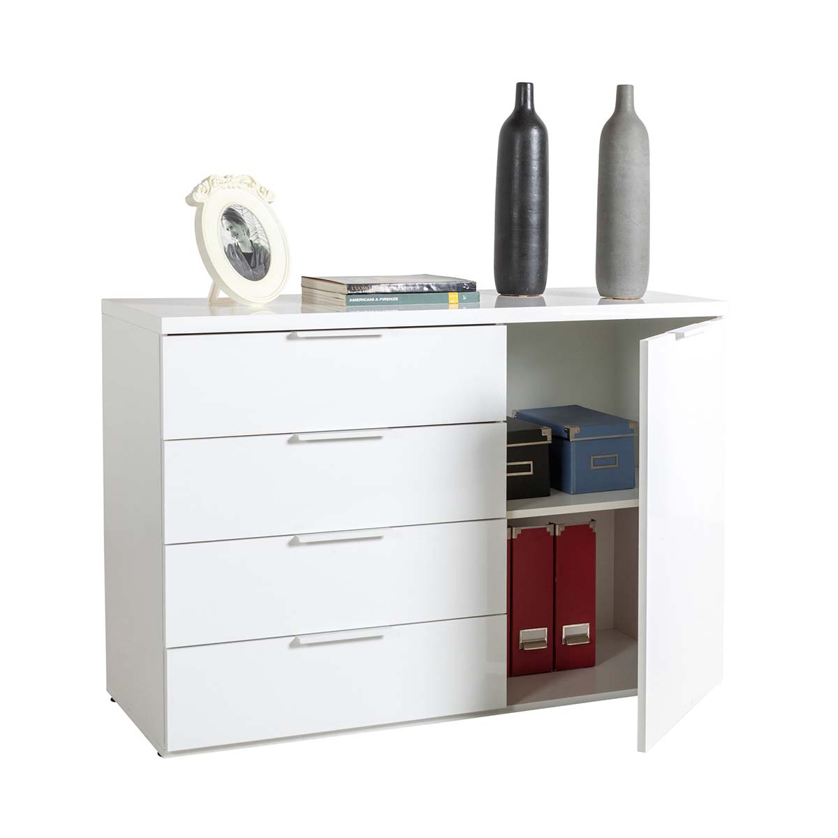 Mobile multiuso 120x82h cm bianco laccato con 1 anta e 4 cassetti