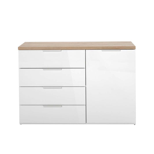Mobile multiuso 120x82h cm bianco laccato e rovere con 1 anta e 4 cassetti