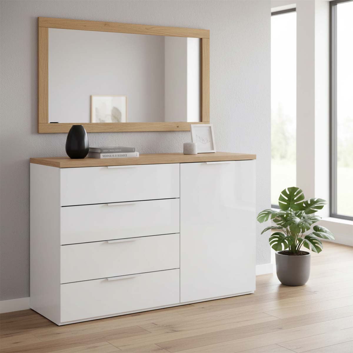 Mobile multiuso 120x82h cm bianco laccato e rovere con 1 anta e 4 cassetti