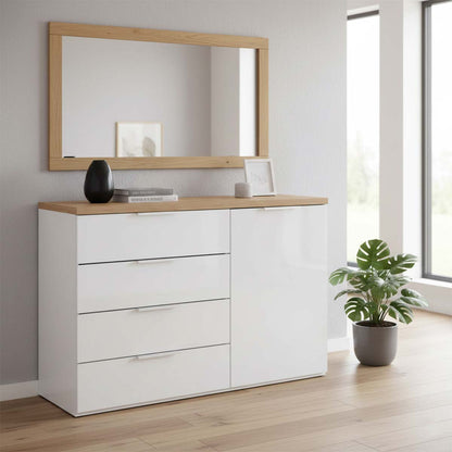 Mobile multiuso 120x82h cm bianco laccato e rovere con 1 anta e 4 cassetti