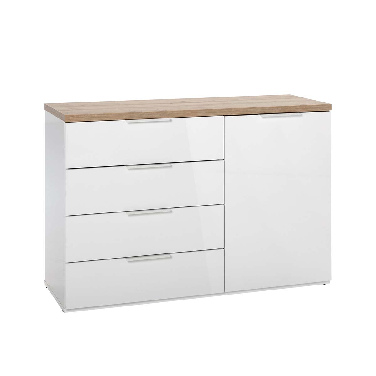 Mobile multiuso 120x82h cm bianco laccato e rovere con 1 anta e 4 cassetti