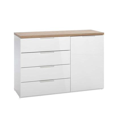Mobile multiuso 120x82h cm bianco laccato e rovere con 1 anta e 4 cassetti