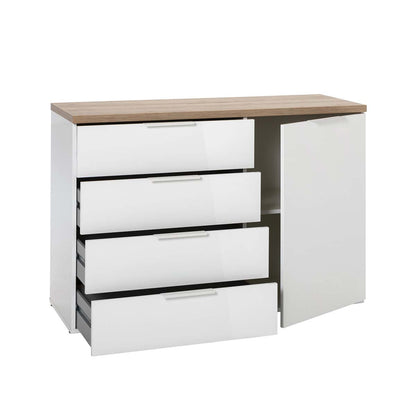 Mobile multiuso 120x82h cm bianco laccato e rovere con 1 anta e 4 cassetti
