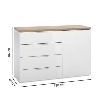 Mobile multiuso 120x82h cm bianco laccato e rovere con 1 anta e 4 cassetti