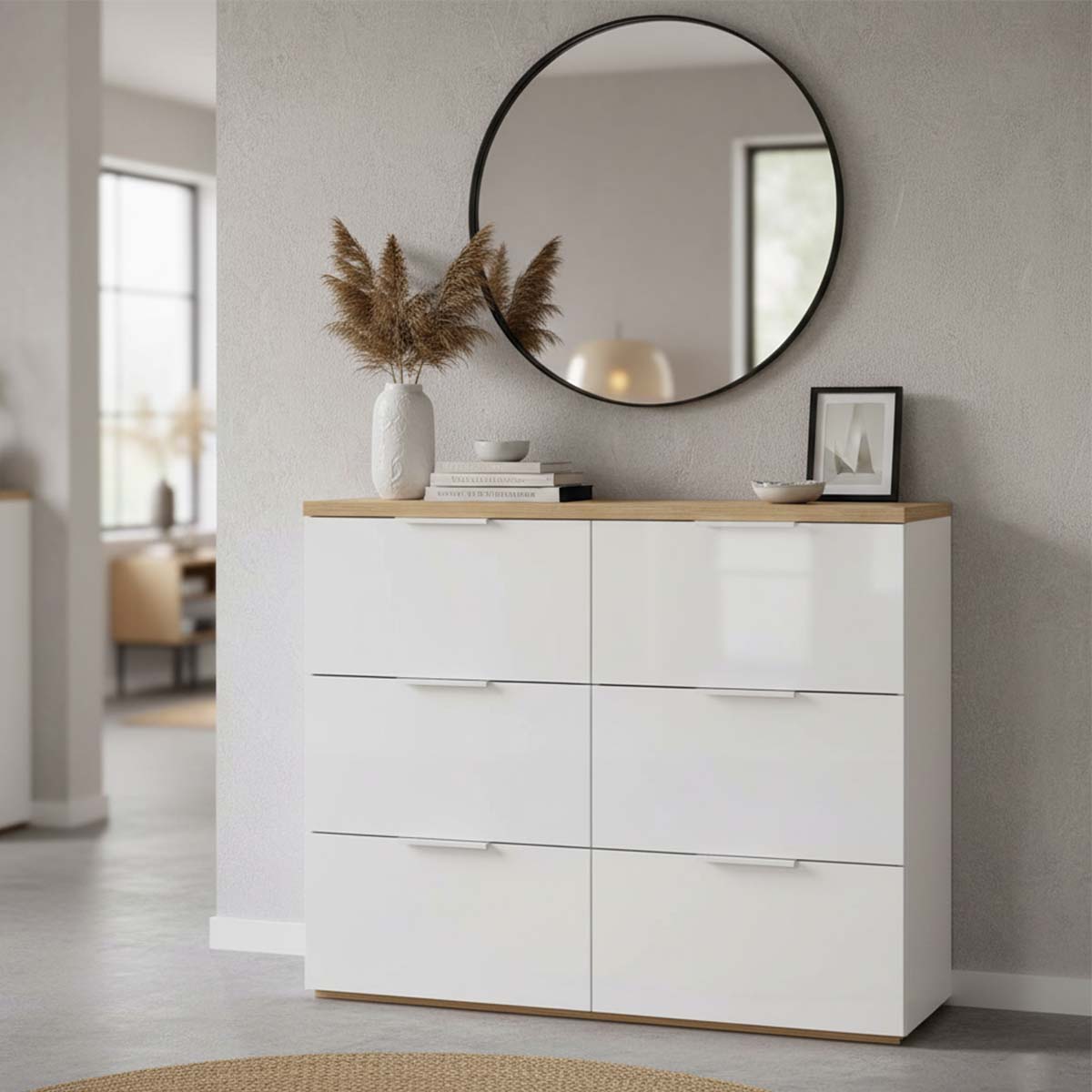 Scarpiera 120x102h cm con 6 ante a ribalta bianco laccato e rovere