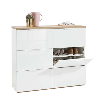 Scarpiera 120x102h cm con 6 ante a ribalta bianco laccato e rovere
