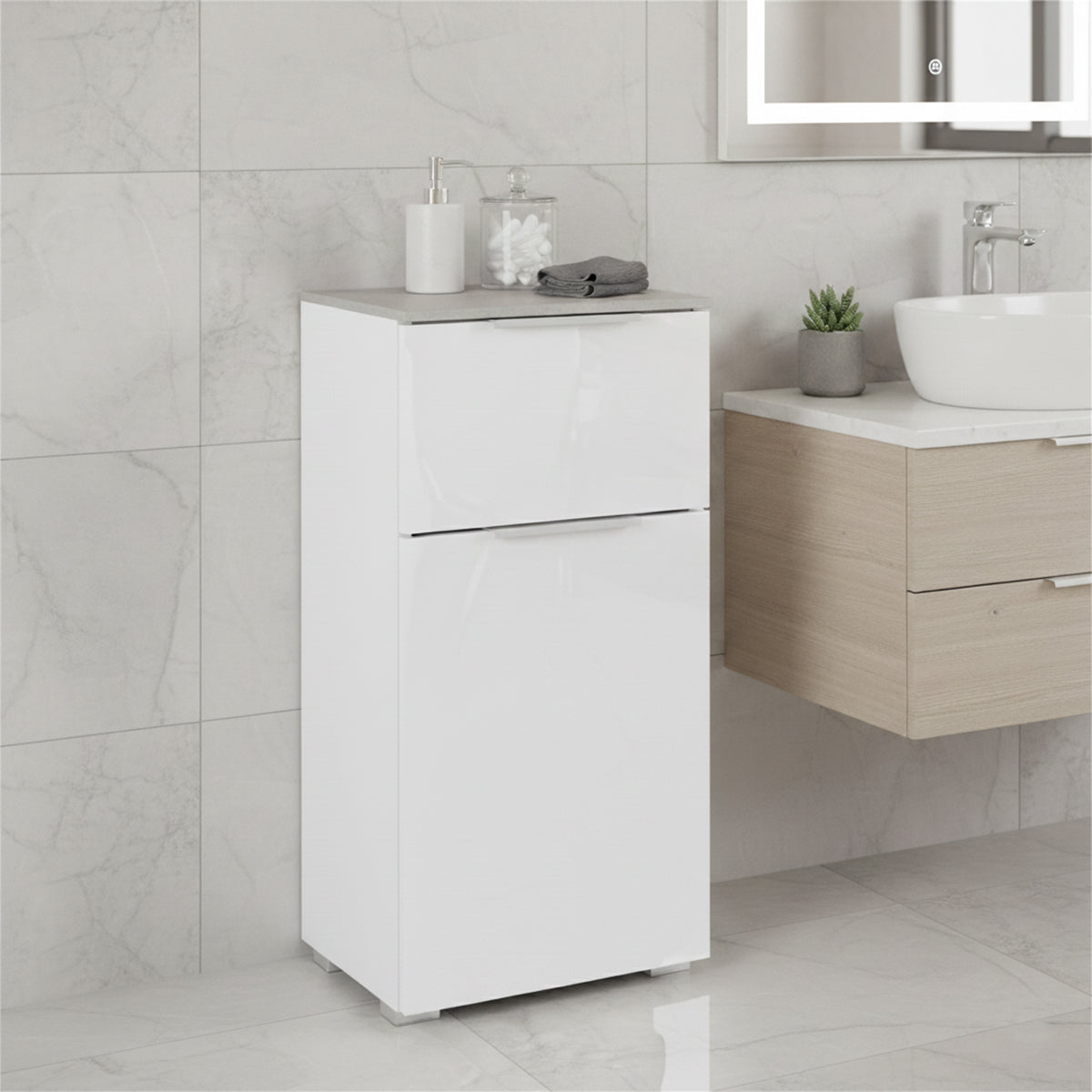 Mobile basso bagno 40x82h cm con 1 anta e 1 cassetto bianco laccato e cemento