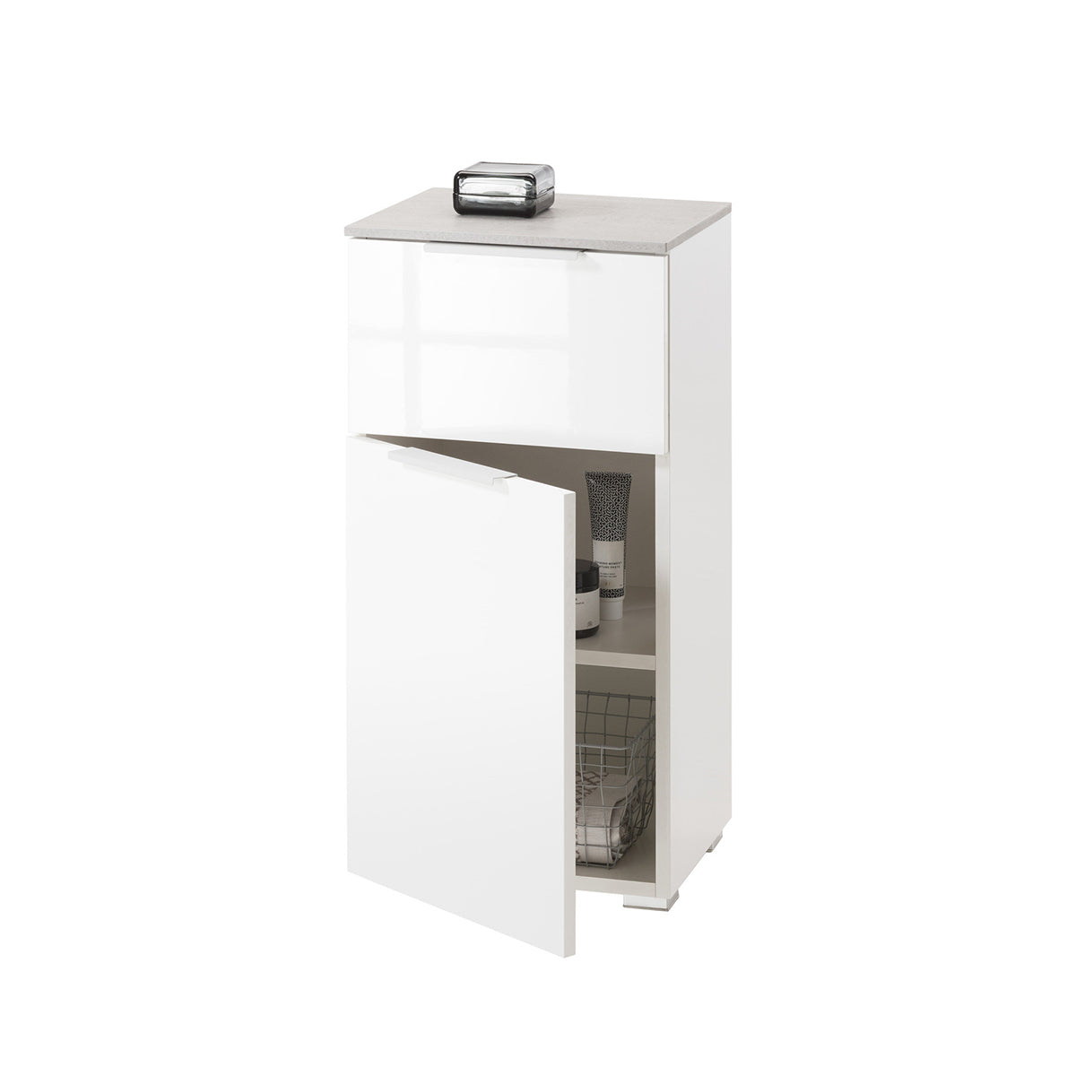 Mobile basso bagno 40x82h cm con 1 anta e 1 cassetto bianco laccato e cemento