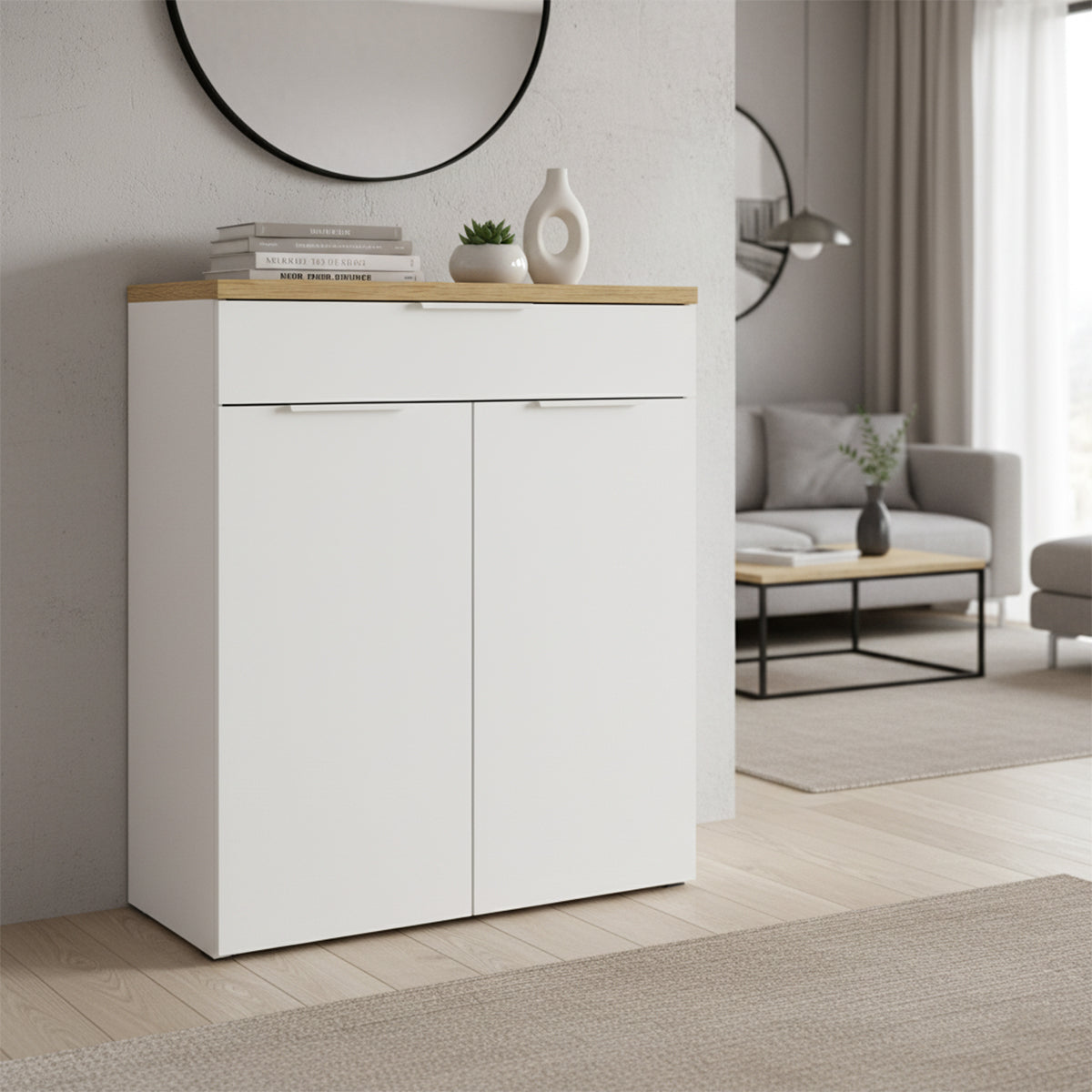 Mobile multiuso 82x102h cm bianco e rovere con 2 ante e 1 cassetto