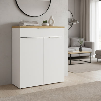 Mobile multiuso 82x102h cm bianco e rovere con 2 ante e 1 cassetto