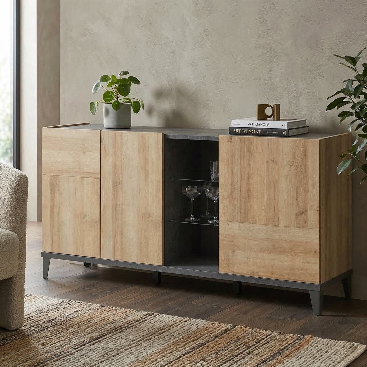 Mobile basso 180x84h cm rovere e grigio antracite con 3 ante e 1 vano